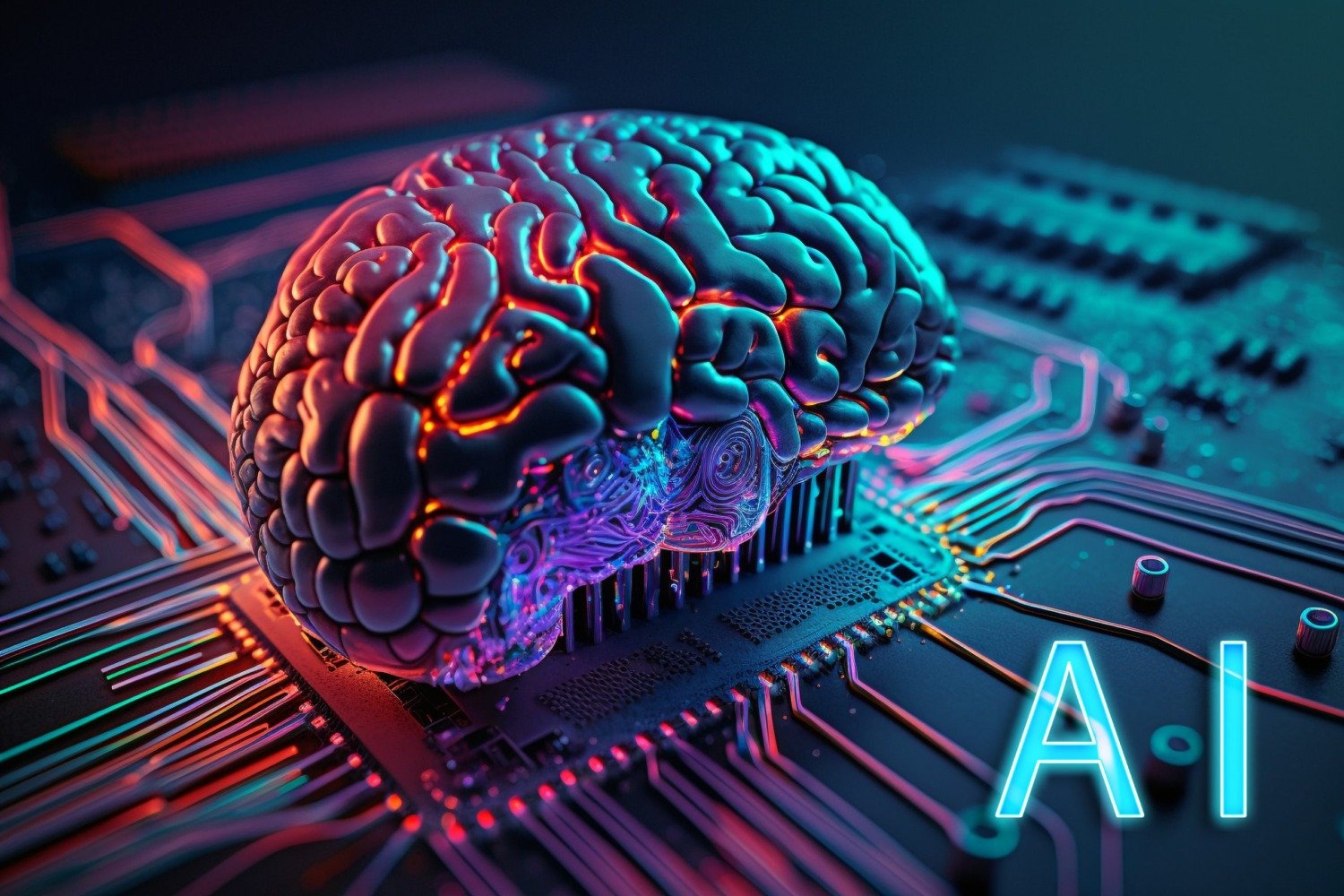Colorful brain on circuit board